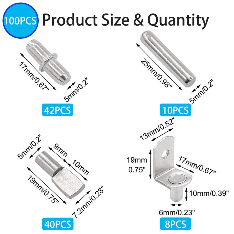 Hmknana 100PCS 4 Styles Shelf Pins Kit - Nickel Plated Shelf Bracket Pegs & Shelf Support Pins,Dowel Pin and Shelf Holders for Shelves Cabinet Furniture Closet etc - Image 2